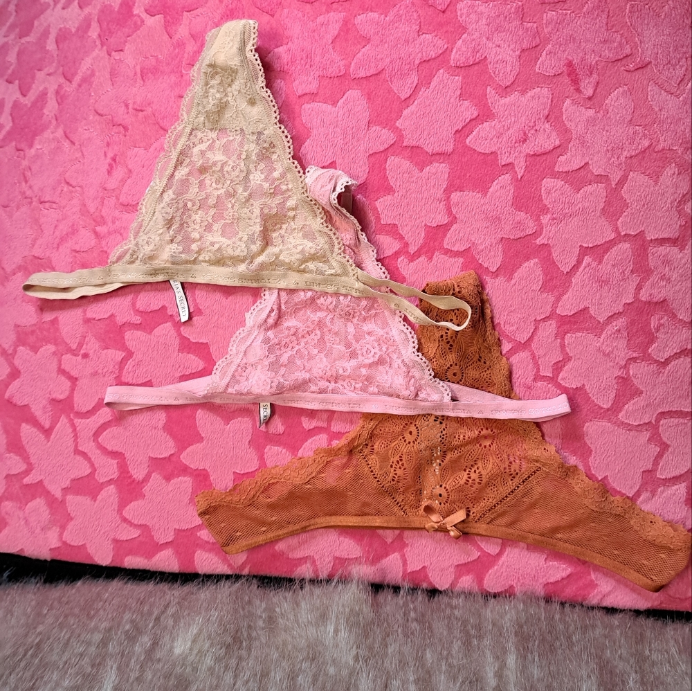 (3) Victoria's Secret • Sexy Lace Rust & V-String Stretch Thong Panties Medium